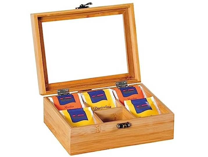 KESPER Teebox mit Sichtfenster, Material: Bambus, Kunststoff, Maße: B 21,7 x T 16 x H 9 cm, Farbe: Natur 58902