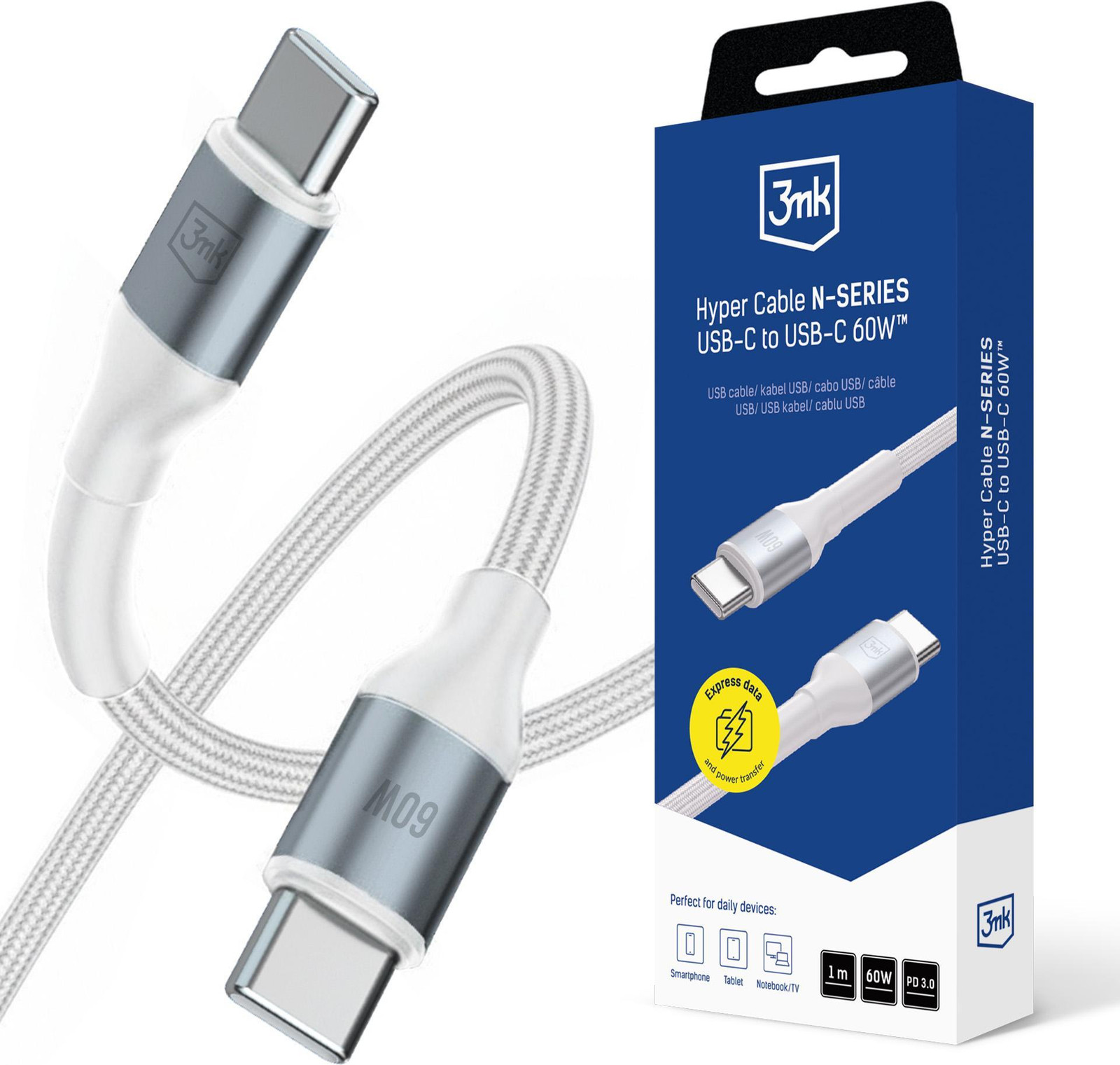 3Mk Hyper Cable N-serie USB-C naar USB-C, 1 m, 60 W, Wit