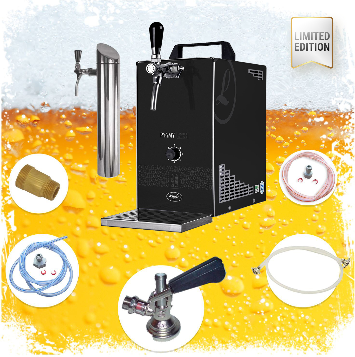 Untertheken Komplett Set - Bier Zapfanlage, Bierzapfanlage PYGMY 25/K LIMITED EDITION mit Membranpumpe, 1-leitig Trockenkühlgerät aus Edelstahl, 35 L/h, inkl. Schanksäule, Zapfkopf:Dreikant