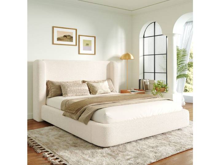 ULEVR Lit double 140 x 190 cm beige bouclé avec sommier à lattes coffre hydraulique et tête de lit