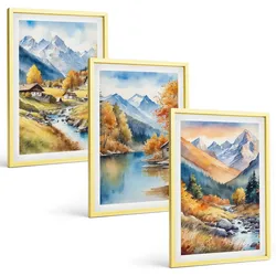 BILDER SET 3er Set - 40x60 cm Goldrahmen - Herbstliche Berge, Flusshäuser