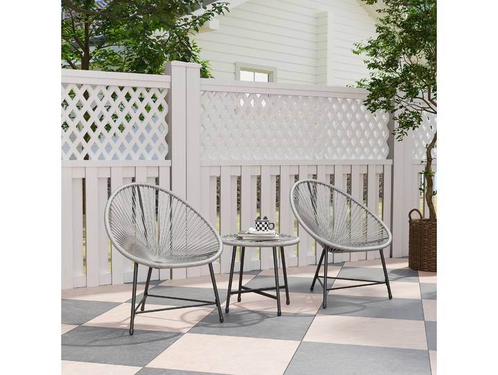Outsunny Ensemble Jardin 3P Rotin Gris Table Verre Cadre Acier
