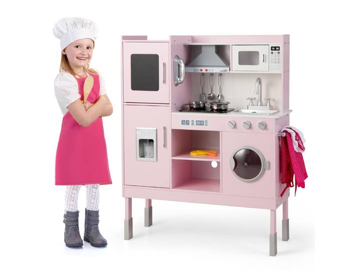 Keukenset voor Kinderen Keukenspeelgoed met Afzuigkap Ijsmachine en Telefoon 16 Accessoires Geluiden en Licht Houten Keuken Roze