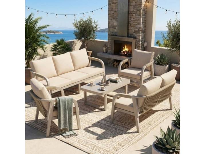 Mobilier jardin Ensemble lounge pour 7 personnes canapé 3 places canapé 2 places 2 fauteuils et 1 table basse Beige