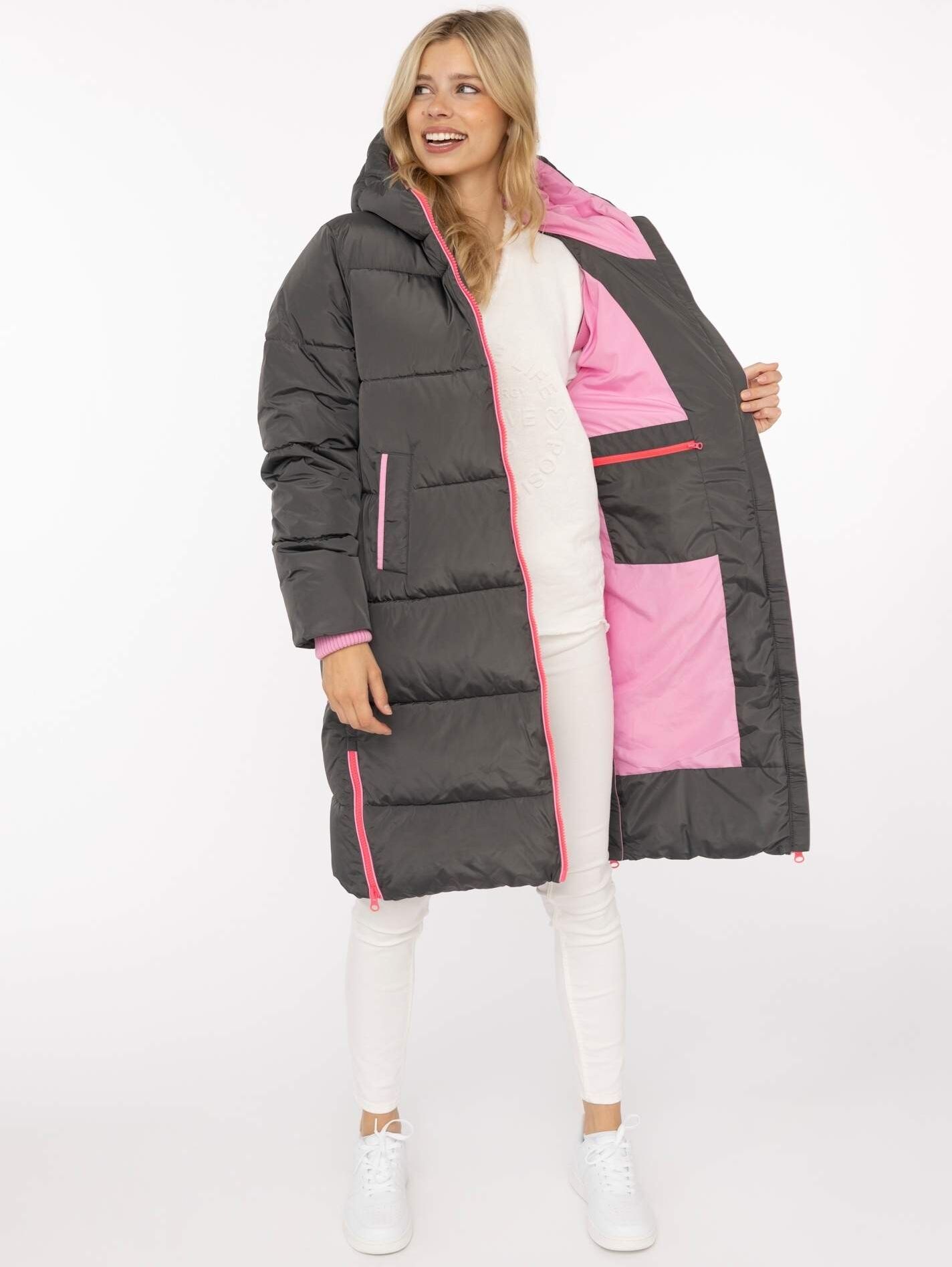 Steppmantel ZWILLINGSHERZ "„Cozy“", Damen, Gr. M, grau, Obermaterial: 100% Polyester, Mäntel Steppmantel, Kapuze, farbliche Details, Reißverschluss, elastische Bündchen