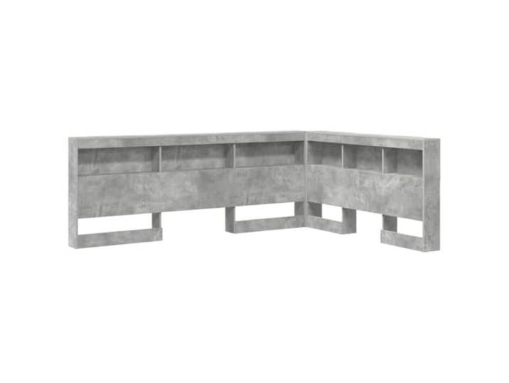 Kopfteil, Grau, Beton, Holz, mit Station L-förmiges Gestell, Stahlrahmen, Ablageflächen, freistehend, glänzende Oberfläche, Montage erforderlich