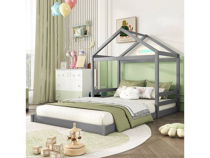 Lit enfant - PUGSDRLY - Forme maison - 140 x 200 cm - Sommier à lattes - Gris