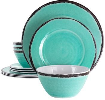 Elama Periwinkle Hall 12 Piece Chip-Resistant Melamine Dinnerware Set in Turquoise