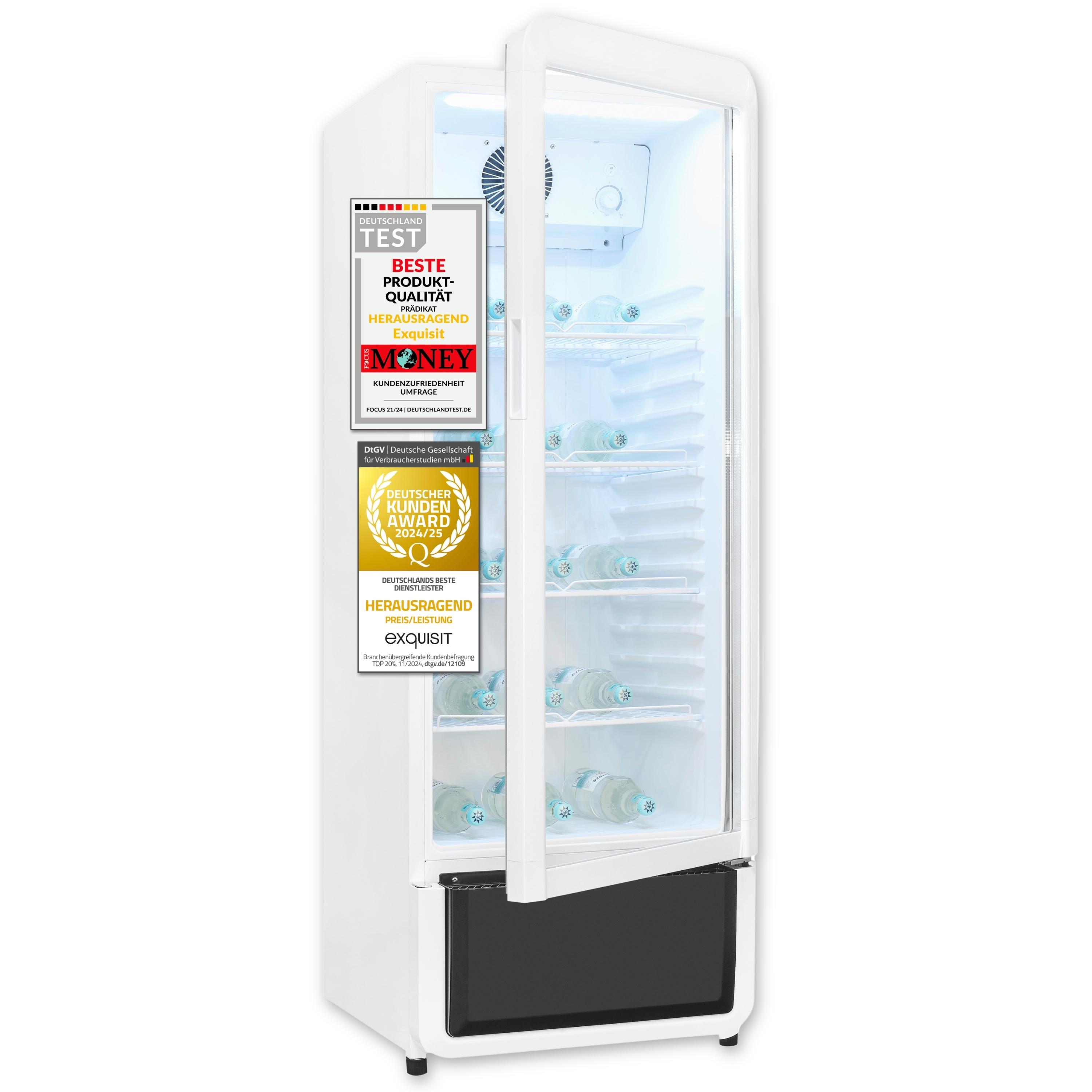 Exquisit Glastürkühlschrank, 240l Getränkekühlschrank mit LED, Umluft, 4 verstellbare Ablagen, CoolPro, GKS5220-GT-431D weiss