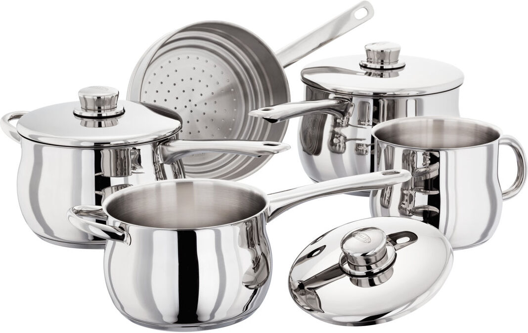 Stellar 1000 5 Piece Stainless Steel Pan Set, 16/18/20cm Saucepans With Stainless Steel Lids, 14cm Milk Pan, Steamer Silver 5