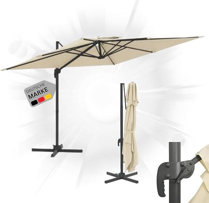 DELUKE Ampelschirm rechteckig SKY 400x300cm Sandweiß | UV-Schutz, Kippbar, 360 Grad drehbar | Sonnenschirm rechteckig Kurbelschirm Standschirm Sonnenschutz