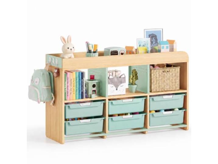 APEXCHASER Spielzeug-Organizer mit 6 weißen Behältern – Spielzimmer-Aufbewahrungsschrank aus Holz für Spielzeug, Bücher und Kunstbedarf, Grün