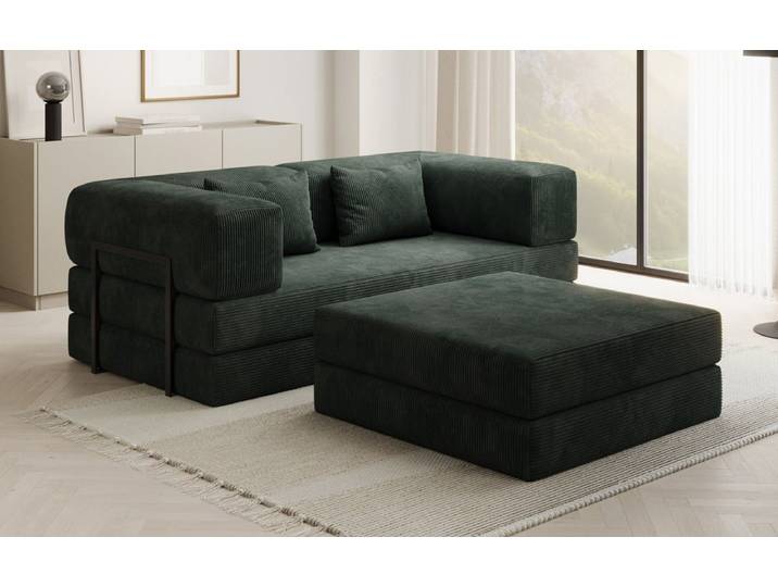 Lazy Spar-Set: 3-Sitzer + Hocker in Cord - Grün - Cord - Luxusbetten24