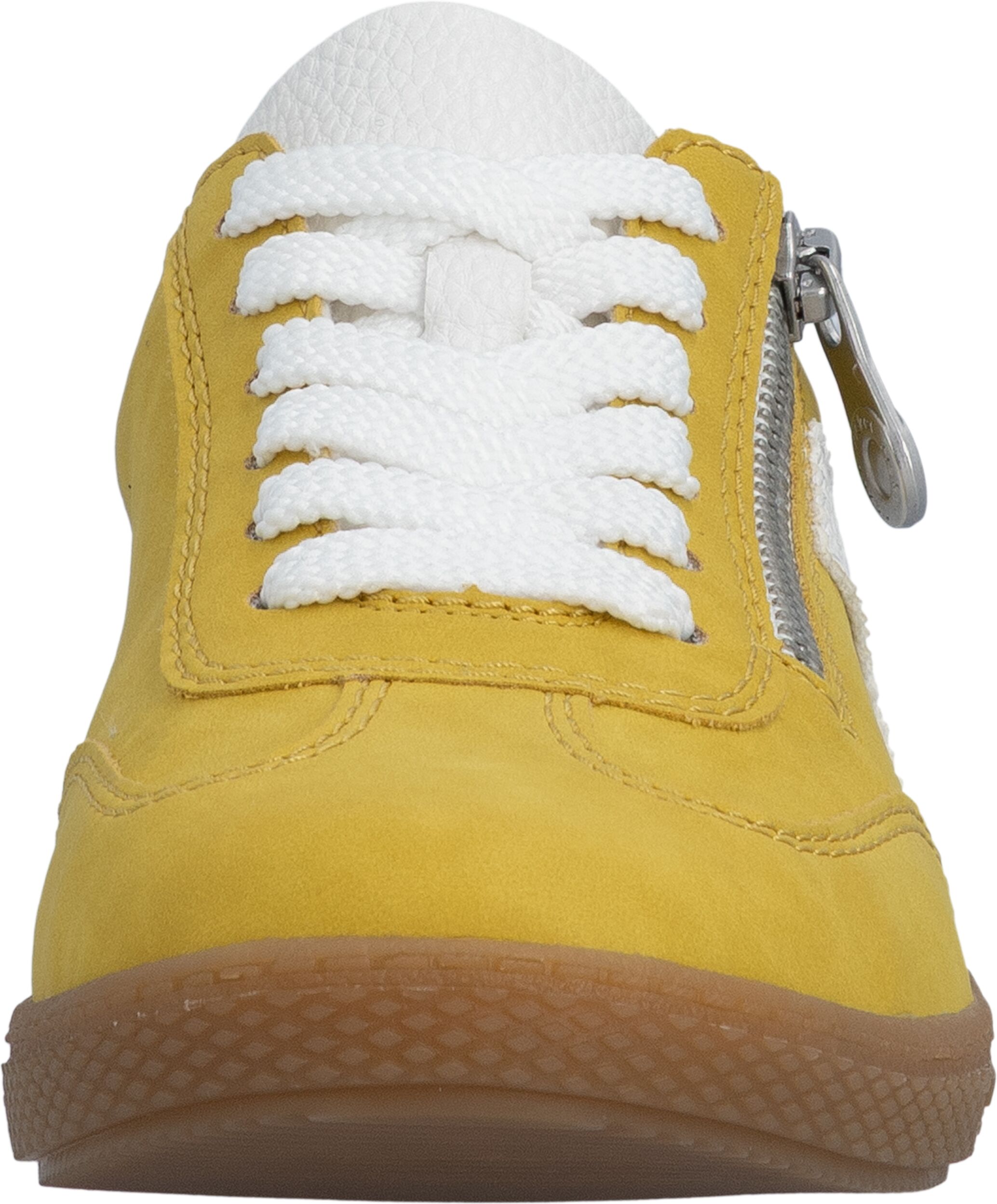 Sneaker RIEKER, Damen, Gr. 38, Textil, gelb (senf, weiß), Lederimitat, Nubuklederimitat, unifarben mit Farbeinsatz, Schuhe Sneaker, Halbschuh, Freizeitschuh, Schnürschuh mit Reissverschluss senf, weiß 38, Textil