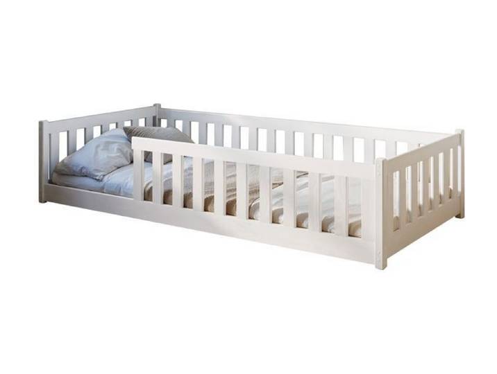 Lit au sol enfant 90x200 cm - Avec matelas + sommier + barrière de lit - Lit pour enfant Montessori - En pin massif - Blanc