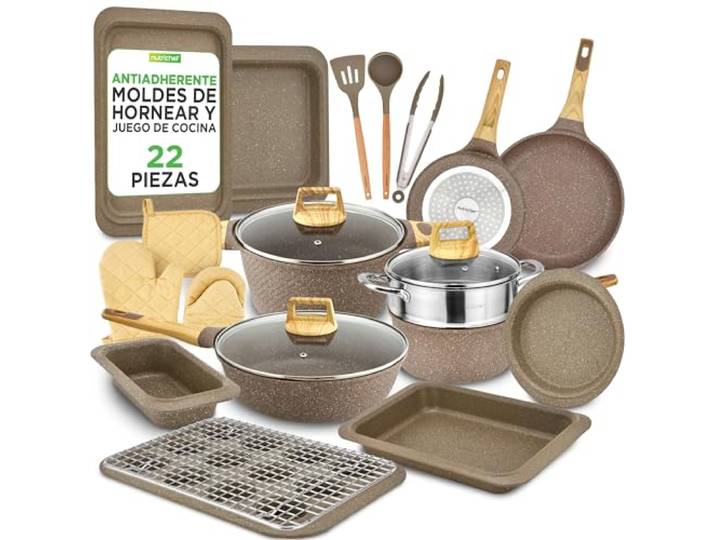 NutriChef Pfanne & Topfset Sandbraun – 22-teiliges Antihaft-Kochgeschirr Marmoroptik Pfannenset mit Grillzange Küchenutensilien Backform und Ofenhandschuhen Induktion geeignet spülmaschinenfest