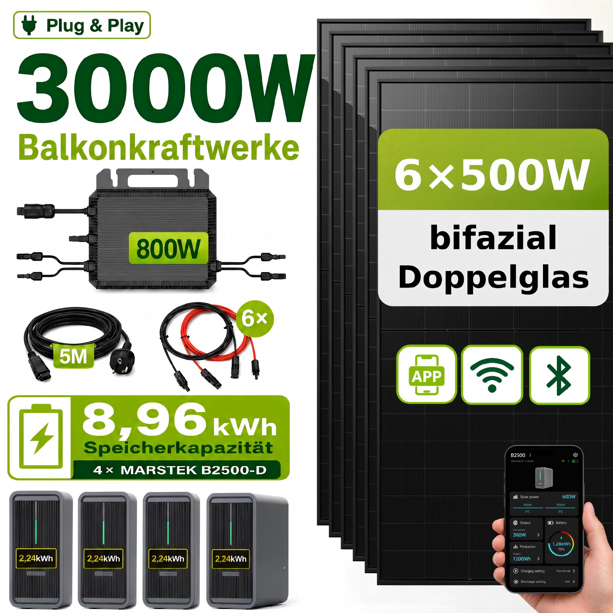 3000 Watt Balkonkraftwerk mit Speicher Marstek B2500-D 8,96 kWh, 6x500Wp bifaziale Solarmodule Solarpanel, PV Solaranlage Solarspeicher