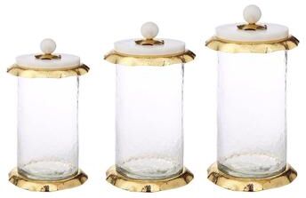 Classic Touch Set of 3 Glass Canisters with Marble and Gold Lid