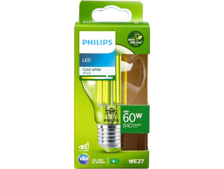 Philips Classic ultraeffiziente LED-Lampe mit Energieeffizienzklasse A, ersetzt 60W, E27 Sockel, klar, neutralweiß (4000K) - LED - Lichtfarbe: Weiss -