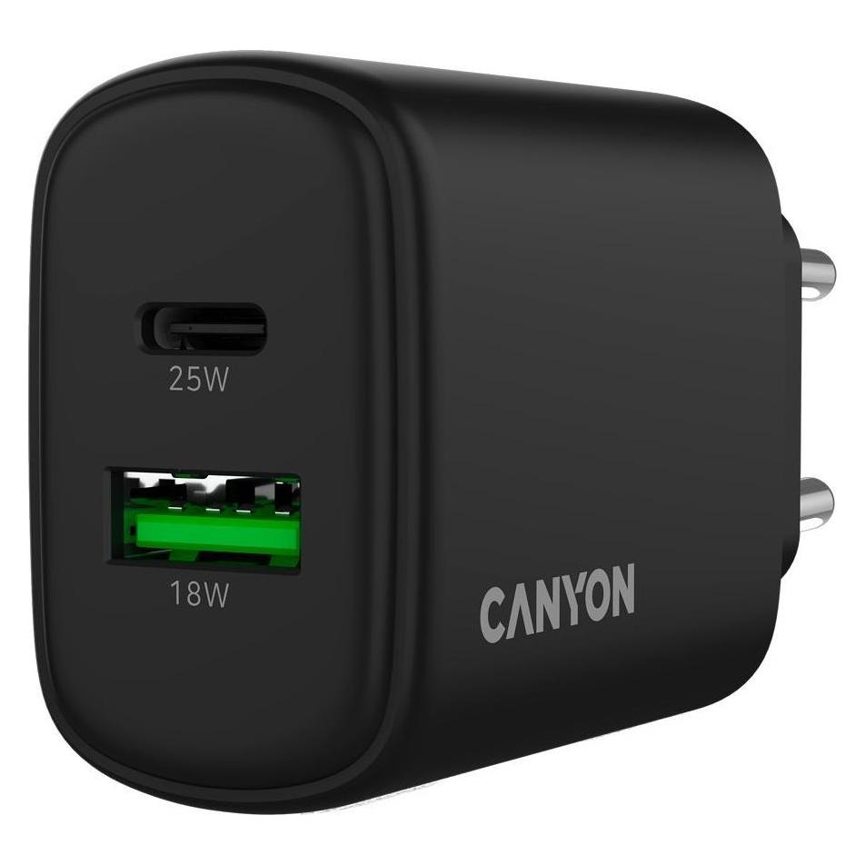 Canyon Adapter charger OnCharge 250 25W 1xPD 1xQC EU Black (25 W, 2 Ports) (CANYON)
