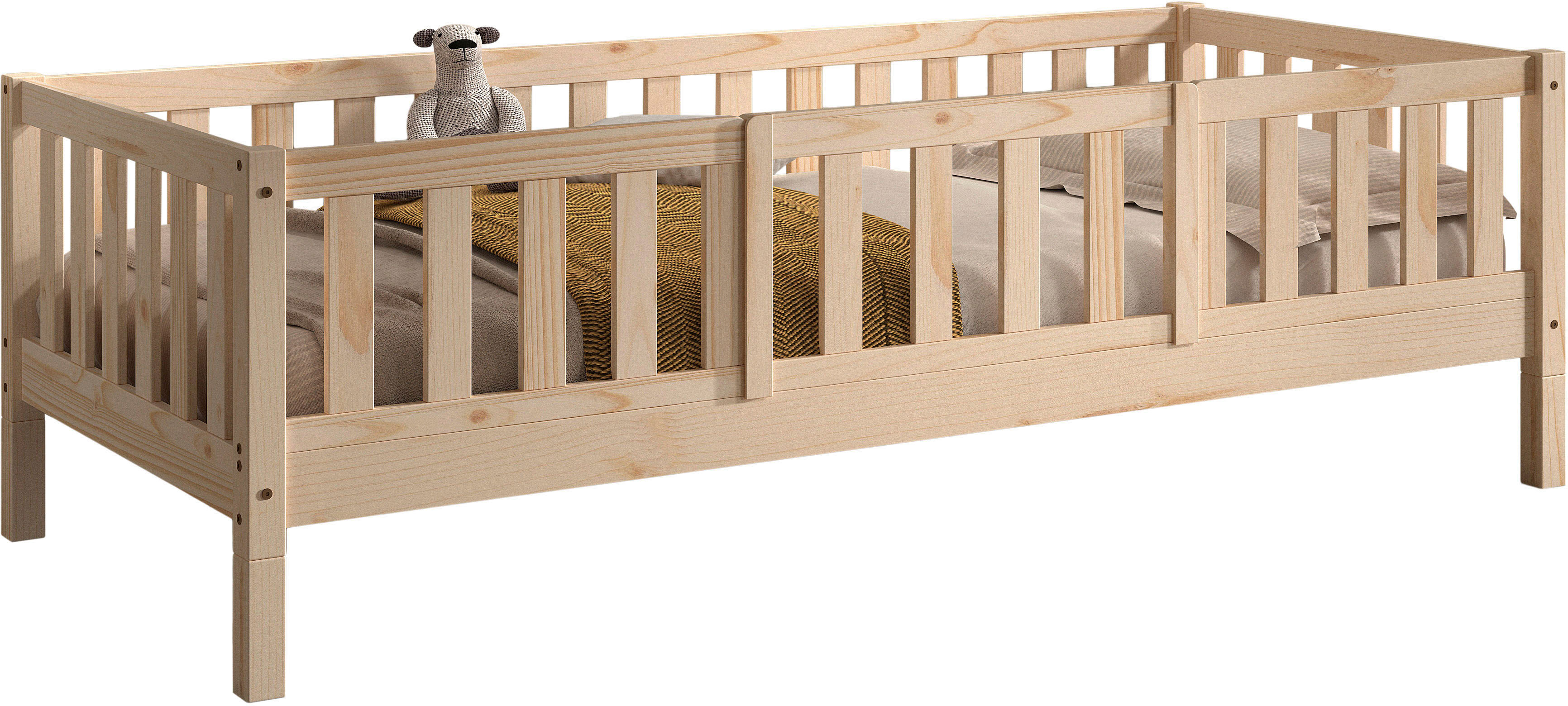 Kinderbett VIPACK "Dallas, massiv Bett, Rausfallschutz, umbaubar vom Boden- zum Daybett", braun (kiefer natur, kiefer natur, kiefer natur), B:97cm H:66cm L:210cm, Betten, Kinderbett, stabil und standfest gebaut, wahlweise Kiefer massiv natur oder weiss ki