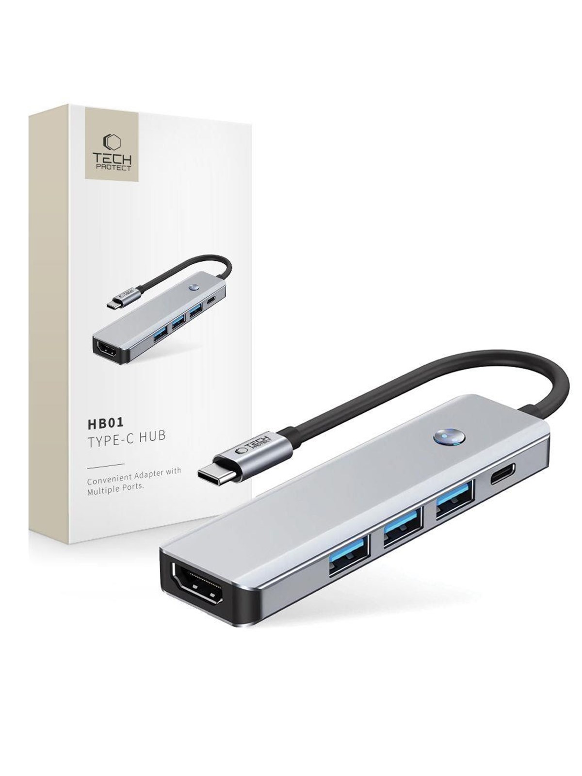 Tech-Protect HB01 HUB Adapter 5in1 USB-C + USB3.0 + HDMI 4K 60Hz + PD100W - Grey USB-Hubs - USB 3.0 - 5 - Grau