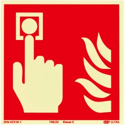 Brandschutzzeichen Brandmelder langnachleuchtend, Kunststoff, ISO 7010 150 x 150 mm, rot, weiß