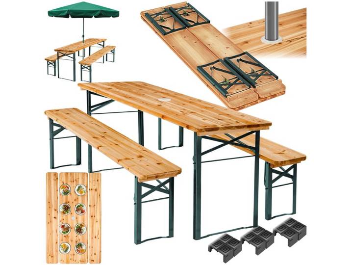 Table et blancs de jardin - TECTAKE - Ensemble repas d'extérieur LUDWIG pliable stable bois de sapin avec support parasol - Marron