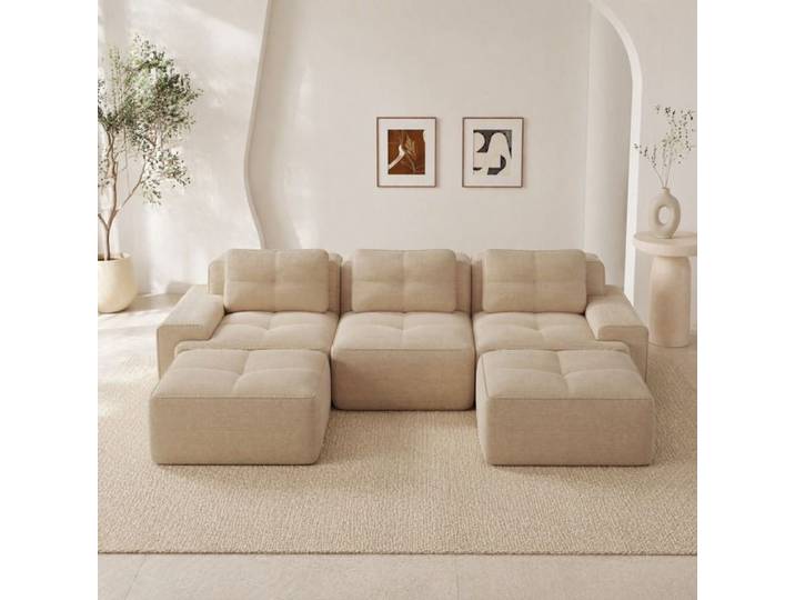 Canapé modulable 3 places en U sans montage - BEAUNIV - velours côtelé beige