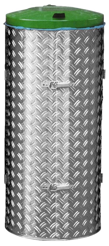 Kompakter Abfallsammler mit Türe | 120 Liter, HxBxT 99x43,5x43,5cm | Edelstahl | Alu-Duett-Blech | Deckel grün