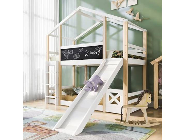 Merax Hochbett für Kinder, Kinderbett Etagenbett 90x200 cm mit Leiter und Rutsche, Hausbett mit Rausfallschutz und Lattenrost, Spielbett mit Zwei Liegeflächen und Graffiti-Tafel, Natur & Weiß