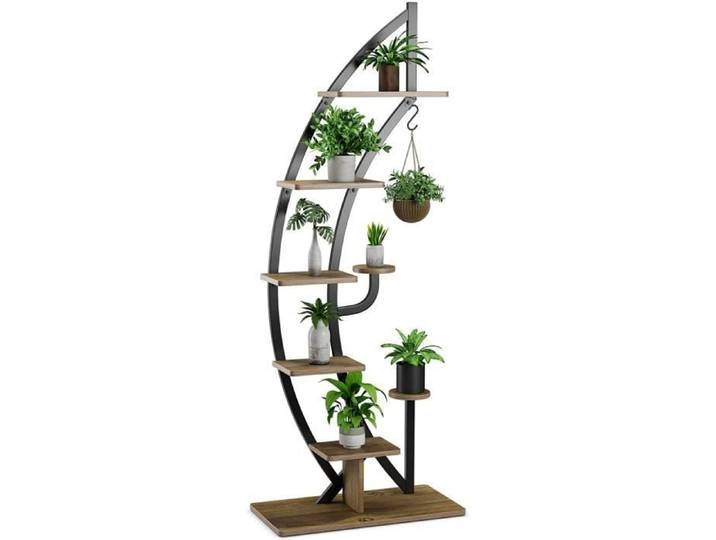 Support pour Plantes à 7 Niveaux -GOPLUS- en Métal - Forme Demi-lune - Étagère à Fleurs -Décoration Jardin60x30x155CM- Naturel