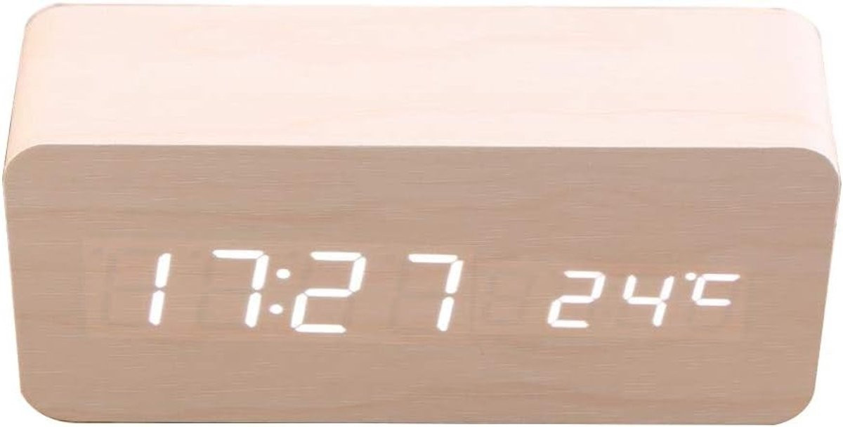 Multifunctionele Houten LED Digitale Alarmklok met USB Voeding en Temperatuurweergave voor Thuis en Kantoor