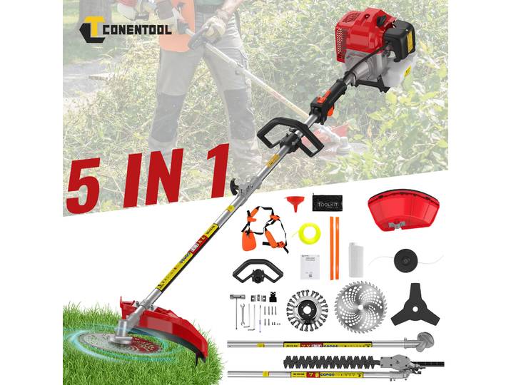 Débroussailleuse à essence CONENTOOL 52cc 5-en-1 2,5KW 11000RPM, coupe-bordures, tondeuse à gazon, taille-haies, outil de jardin multifonction 2 temps