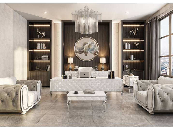 Xlmoebel Polstergarnitur Elegantes Arbeitszimmer-Set in Weiß mit stilvollen Stoff-Sesseln, (Arbeitszimmer-Set, 6-tlg., Arbeitszimmer-Set, 6-teilig), Made in Europa