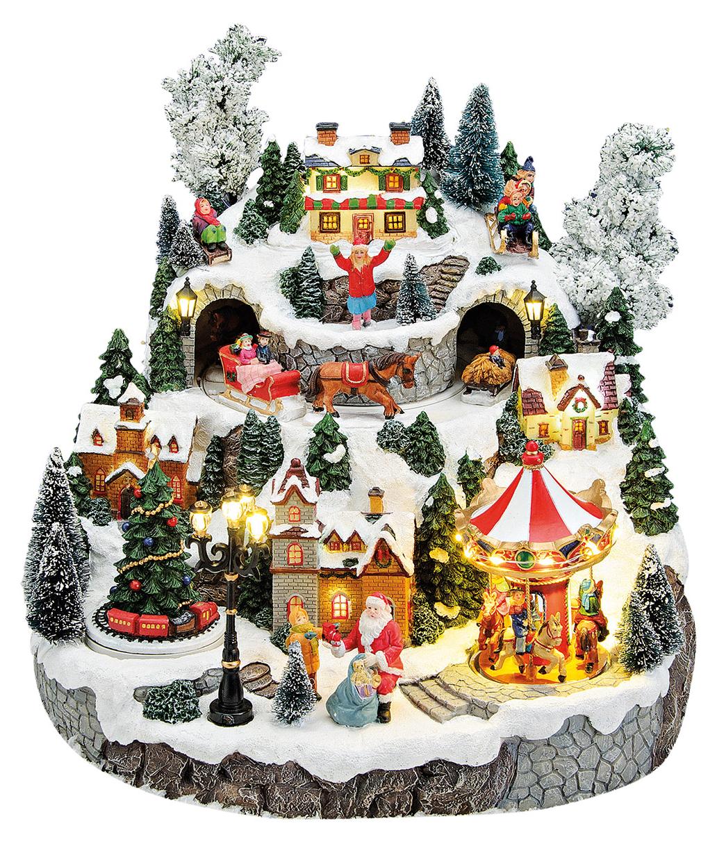 Winterliche Szene mit Licht, Musik, einer beweglichen Weihnachtsmannkutsche, einem Baum und einer Drehscheibe, aus Polyresin, 33x33x32 cm