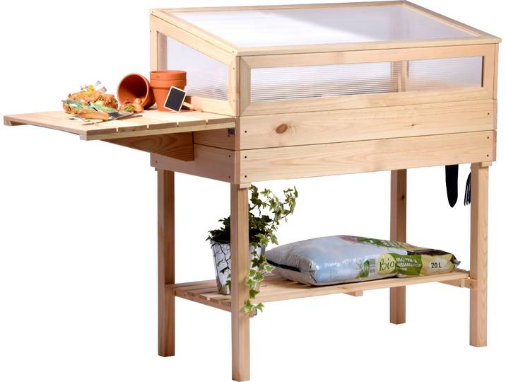 Hochbeet DOBAR, beige (natur), B:50cm H:107cm T:150cm, Holzwerkstoff, Pflanzgefäße, Hochbeet, erhöhtes Frühbeet mit Tisch & Haken, Gr. L, transparent, Kiefer
