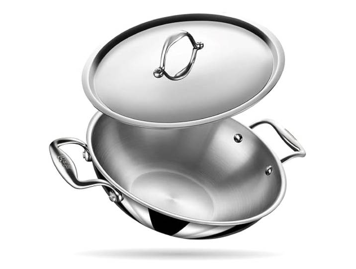 Stahl Triply Edelstahl Tasla mit Deckel I Triply Edelstahl-Kochgeschirr I dreilagiges Tasla Kadai mit Induktionsboden I Artisan 4640, Durchmesser 40 cm, 12,8 Liter (für 15 Personen)