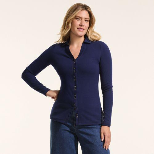Jerseybluse mit Polokragen in Petite-Größe, Damen, size: petite, Blau, Elasthan/Baumwoll-Mischung/Polyester-Mischung, by Lands' End