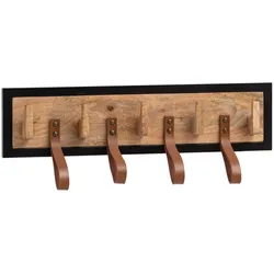 KADIMA DESIGN Wandgarderobe Mango Massivholz / Echtleder 60x15x6 cm, Hakenleiste für Jacken, Schals und Mützen, Flurgarderobe mit Metallrahmen, Garderobe Wand Holz