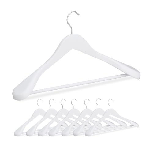 Relaxdays Houten kledinghangers set van 8, wit, met metalen roede en draaibare haak