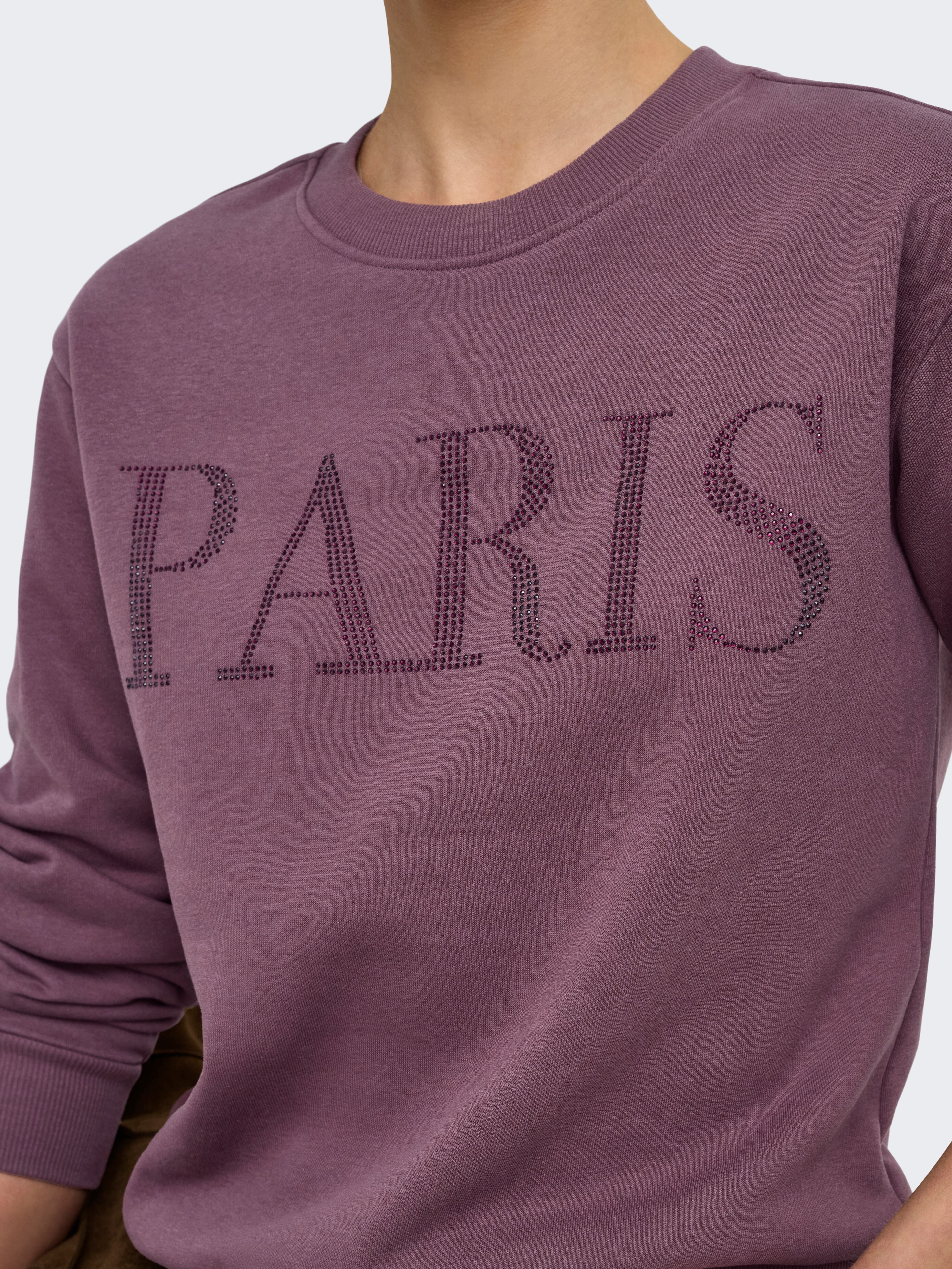 Sweatshirt JDY "JDYPARIS L/S EMB SWEAT JRS NOOS", Damen, Gr. S, lila (huckleberry detail:glitter paris tnt emb), Sweatware, Obermaterial: 60% Baumwolle, 40% Polyester, bedruckt, regular fit normal, Rundhals, Sweatshirts Sweatshirt, Baumwollmischung, regul