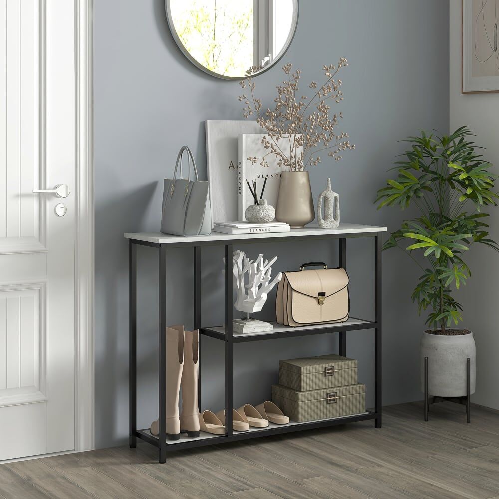 Homcom Console meuble 3 niveaux plateaux en effet marbre cadre en acier blanc Blanc 100x80x30cm
