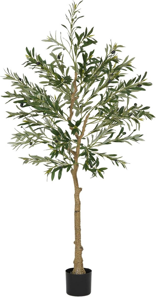 Kunstmatige olijfboom 150 cm inclusief betonlook pot - Realistische kunstplant met bladeren en fruit