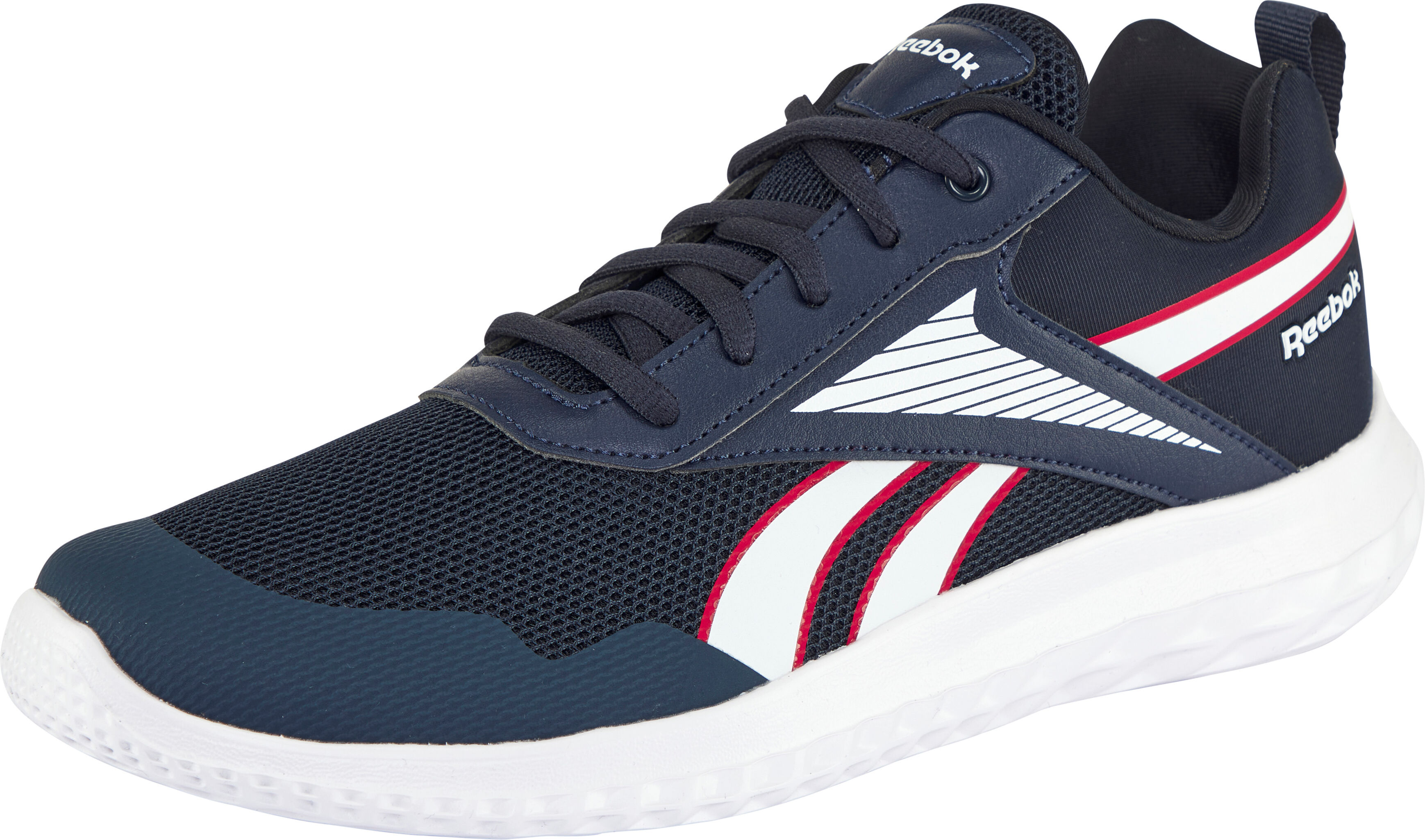 Laufschuh REEBOK "RUSH RUNNER 5", Mädchen, Gr. 34,5, blau (vectornavy, weiß, vectorrot), Synthetik, Textil, Schuhe Laufschuh, pour enfants et adolescents vectornavy, weiß, vectorrot 34,5