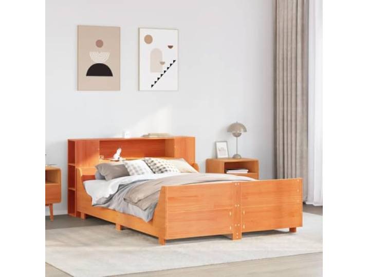 Massives Kiefernholz Bett mit 7 Ablagen wachsfarben 140x190 cm Massivholzbett ohne Matratze Wachsbraun 140x190 cm Kiefernholz mit Lattenrost und Stauraum Kopfende
