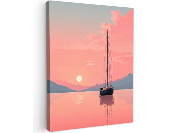 LEINWANDBILD Segelboot - Rosa Meer - Sonnenuntergang - Berge Wandbild Wohnzimmer 60x80 cm