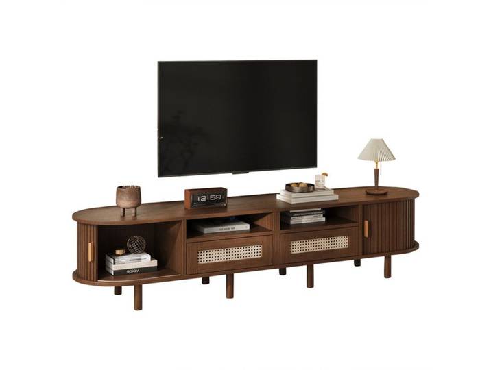 Meuble TV ovale 170*40*40 cm - meuble TV avec 2 tiroirs + 2 portes coulissantes meuble bas et table TV jusqu'à 70 pouces noyer