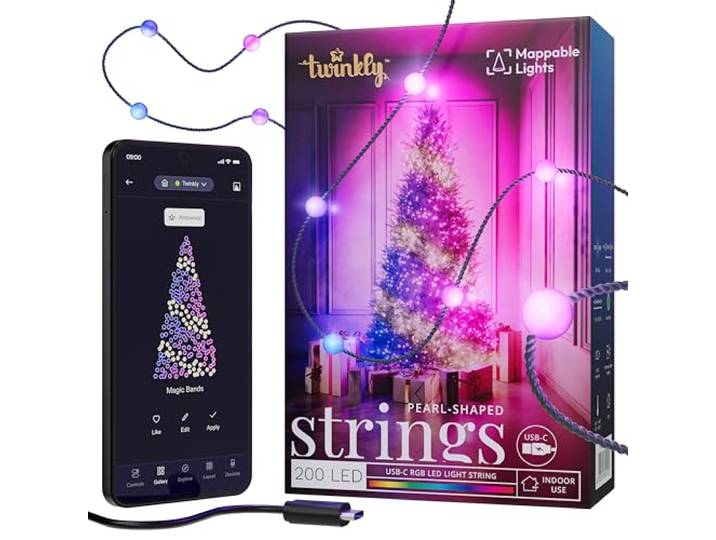 Twinkly Strings USB-C Pearls 200 LED\, Guirlande Lumineuse en Forme de Perle\, Fil LED Multicolore RGB\, Lumières Saint-Valentin\, Compatible avec Alexa\, Google Home\, Alimentation USB C\, Fil Vert\, 12m