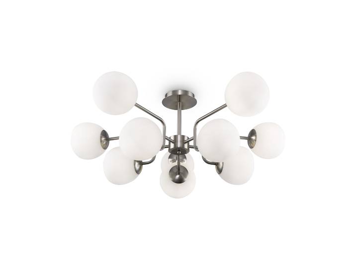 Lustre\, métal nickel\, verre blanc\, 10 flammes\, D 90\,7cm